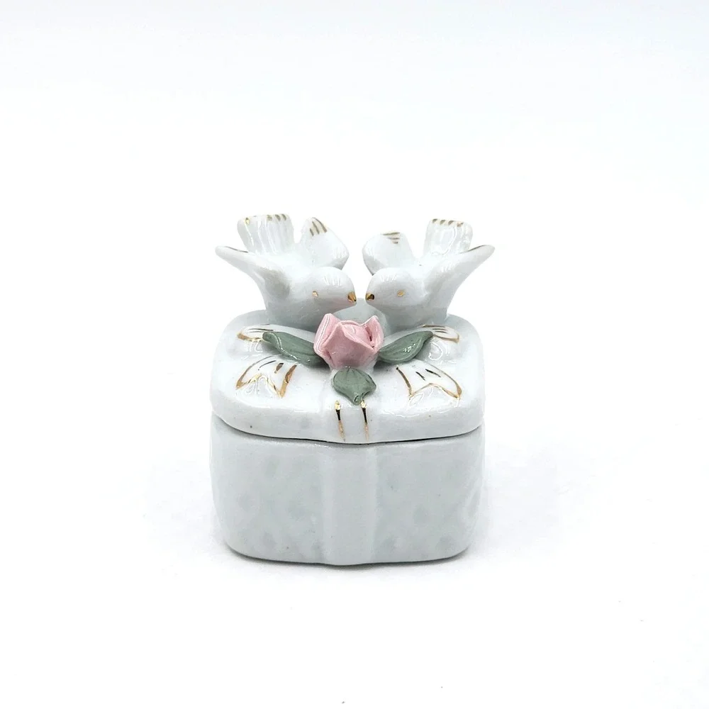 Porcelain Trinket Box Love Birds Pink Rose Gold Trim Square Ring Holder China